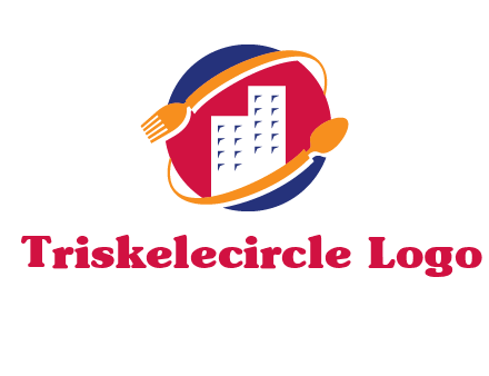 fork spoon and building in circle logo