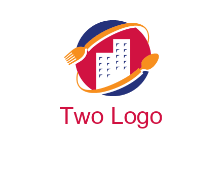 fork spoon and building in circle logo
