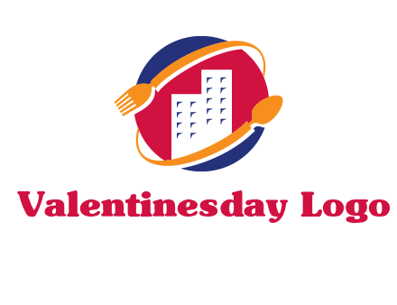 fork spoon and building in circle logo