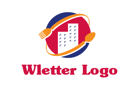 fork spoon and building in circle logo
