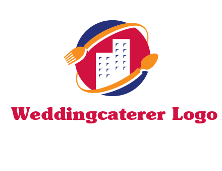 fork spoon and building in circle logo