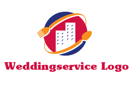 fork spoon and building in circle logo