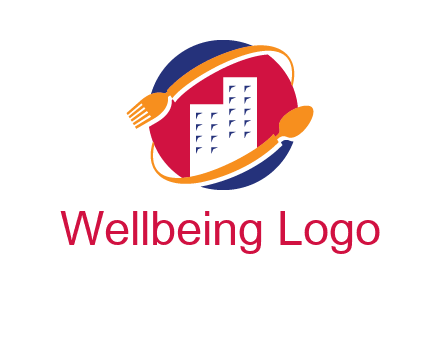 fork spoon and building in circle logo