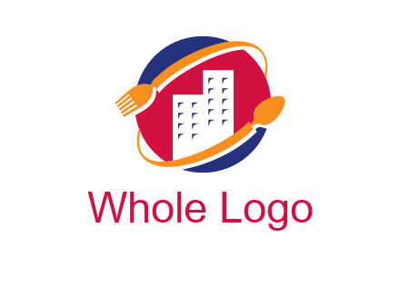 fork spoon and building in circle logo