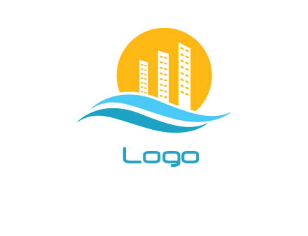 building on river logo