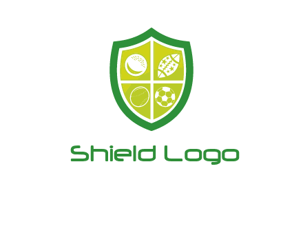 different sport balls in shield emblem