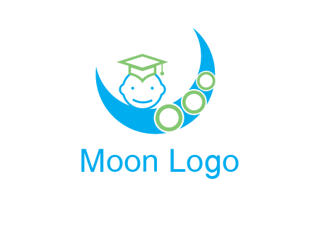 face of child wearing a graduation cap above a crescent moon