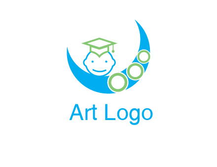 face of child wearing a graduation cap above a crescent moon