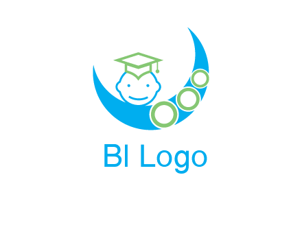 face of child wearing a graduation cap above a crescent moon