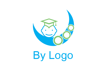 face of child wearing a graduation cap above a crescent moon