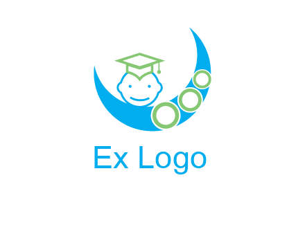 face of child wearing a graduation cap above a crescent moon