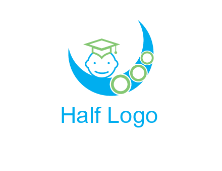 face of child wearing a graduation cap above a crescent moon