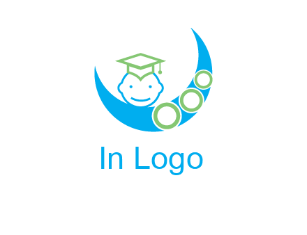 face of child wearing a graduation cap above a crescent moon