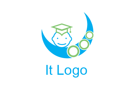 face of child wearing a graduation cap above a crescent moon
