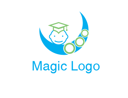face of child wearing a graduation cap above a crescent moon