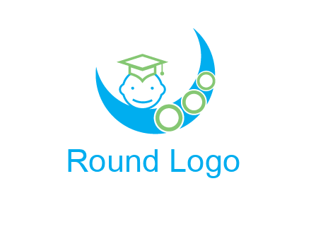 face of child wearing a graduation cap above a crescent moon