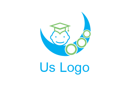 face of child wearing a graduation cap above a crescent moon
