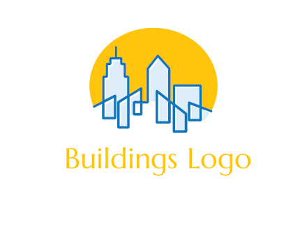 city buildings with sun behind logo