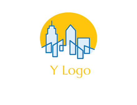 city buildings with sun behind logo
