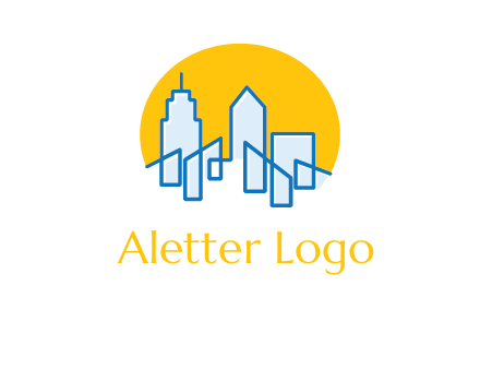 city buildings with sun behind logo