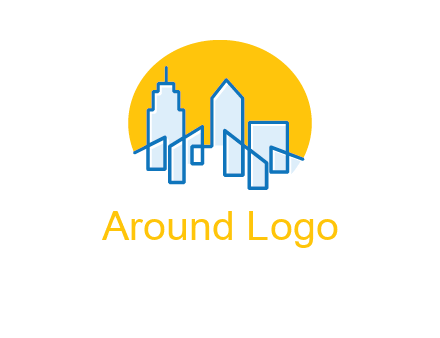 city buildings with sun behind logo