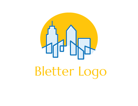 city buildings with sun behind logo