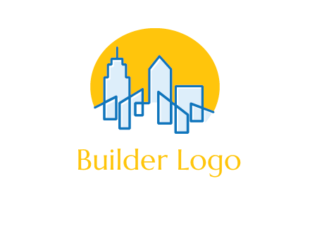 city buildings with sun behind logo