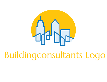 city buildings with sun behind logo