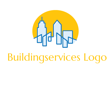 city buildings with sun behind logo