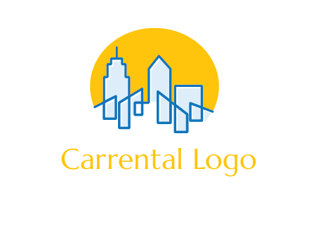 city buildings with sun behind logo