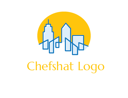 city buildings with sun behind logo