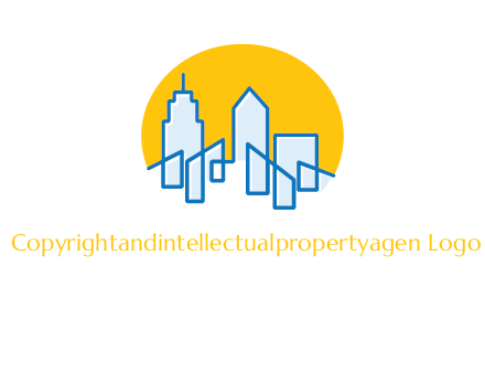 city buildings with sun behind logo