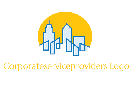 city buildings with sun behind logo