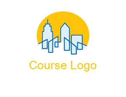 city buildings with sun behind logo