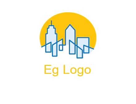 city buildings with sun behind logo
