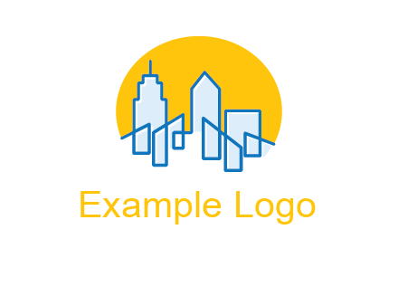 city buildings with sun behind logo