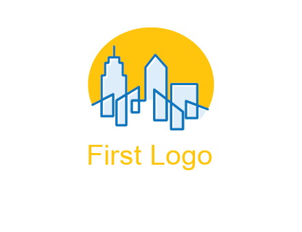 city buildings with sun behind logo