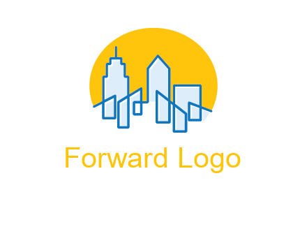 city buildings with sun behind logo