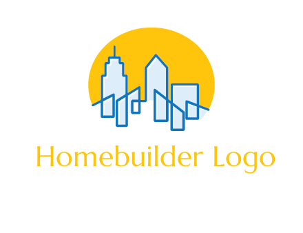 city buildings with sun behind logo