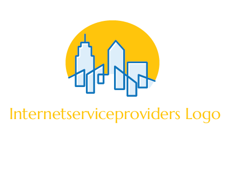 city buildings with sun behind logo