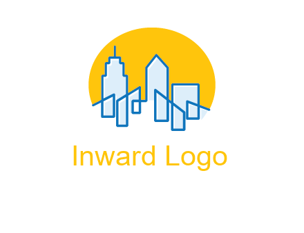 city buildings with sun behind logo