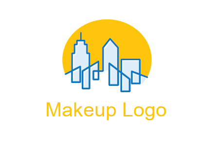 city buildings with sun behind logo