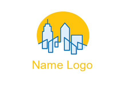 city buildings with sun behind logo
