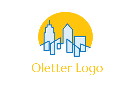 city buildings with sun behind logo