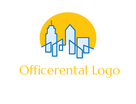 city buildings with sun behind logo