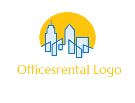 city buildings with sun behind logo