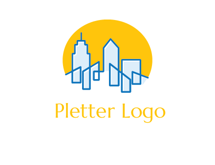city buildings with sun behind logo