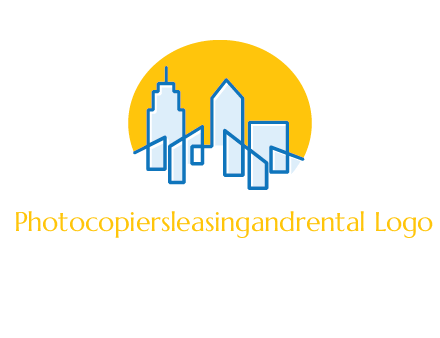 city buildings with sun behind logo