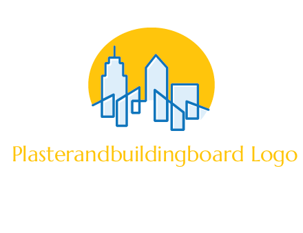 city buildings with sun behind logo