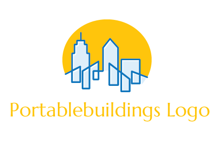 city buildings with sun behind logo